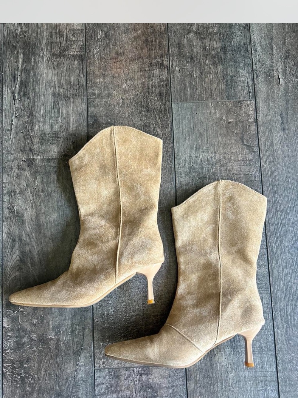 Beige Suede Mid-Calf Pointed Toe Kitten Heel Boots